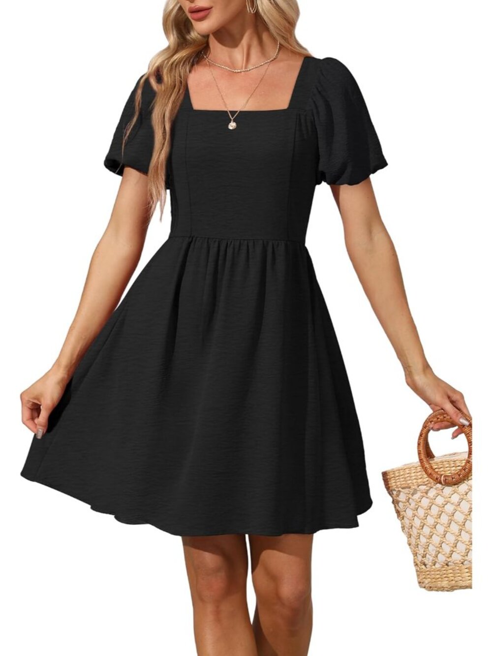 Chic Women's Puff Sleeve Square Neck Dress with Tie-Back and Zipper